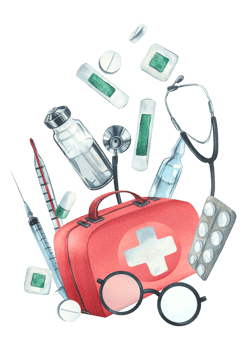 Red medical case, first aid kit with stethoscope, injections, plaster, pills and glasses. Watercolor illustration, hand drawn. Composition isolated png
