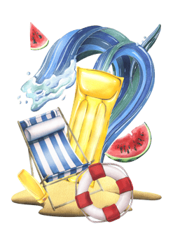 Beach lounger blue striped with an inflatable yellow mattress, watermelon, lifebuoy and wave on a tropical island. Watercolor illustration, hand drawn. Isolated composition png