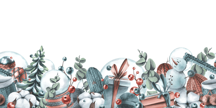Winter, New Year, Christmas seamless border with snowman, knitted things, cotton, Christmas balls, toys, gifts. Watercolor illustration hand drawn png
