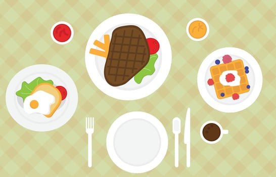 Food on top view table with fried eggs, vegetables, tomatoes, steak, waffles, plate, blueberries, raspberries, mayonnaise, ketchup, plaid tablecloth T, fork, spoon, knife, coffee mug, French fries. vector