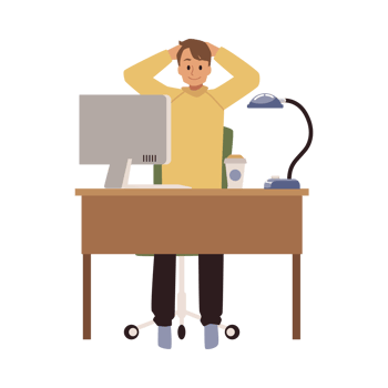 Office worker sits at desk with computer and stretches neck - flat illustration isolated . png