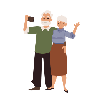 Senior couple taking selfie with smartphone flat illustration isolated. png
