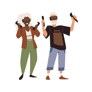 Seniors in 3D glasses playing computer games, flat illustration isolated. png