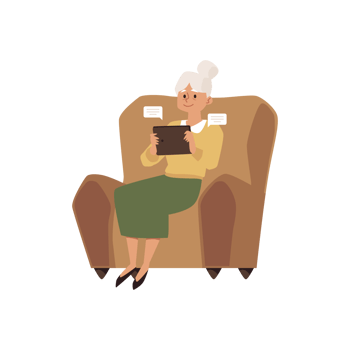 Elderly woman sitting at chair using tablet, flat illustration. png