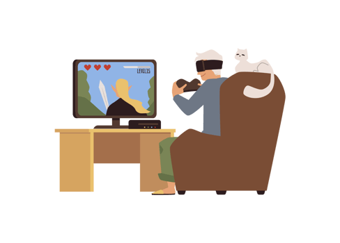 Senior elderly man playing video computer game flat illustration isolated. png