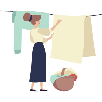 Woman hangs clothing on rope after laundry, flat illustration isolated. png