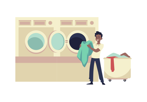 Happy man takes clothes out or loads washing machine in public laundry - flat illustration isolated . png