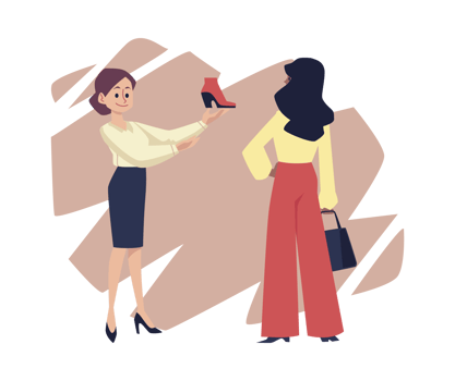 Female shopping assistant shows ankle boots to customer - flat illustration isolated . png