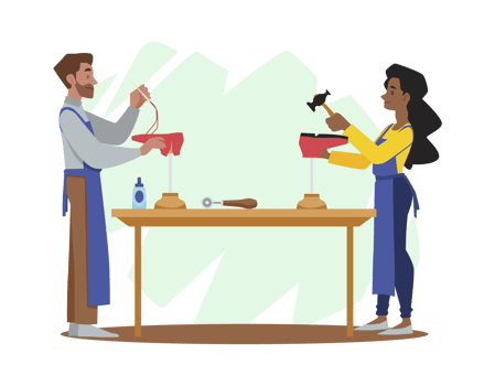 Concept of handicraft footwear manufacturing process, cartoon illustration isolated . png