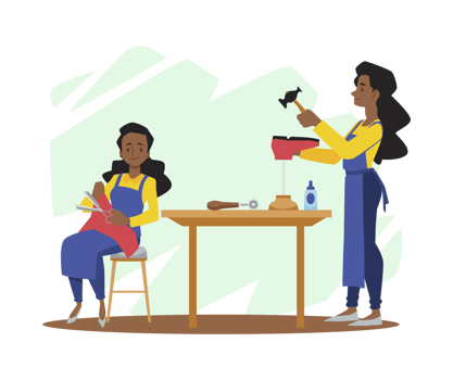 Woman making or repairing shoes with hammer, scissors and glue - cartoon character illustration isolated . png