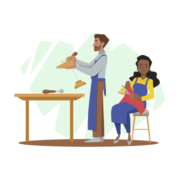 Shoe work shop cartoon concept. Smilling woman sit on the chair cutting leather sheet with scissors. png