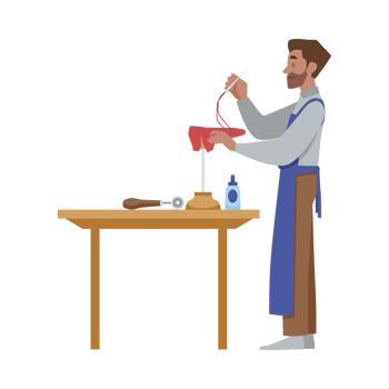 Shoe repair or footwear making workshop worker, vector illustration isolated. png