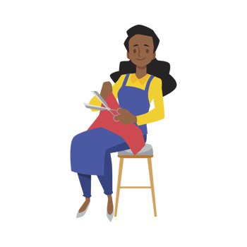 Indian woman sitting cutting fabric with scissors. Dark skinned female sewing fabric, seamstress cartoon character png