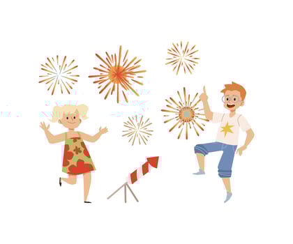 Cheerful children enjoy fireworks flat vector illustration isolated on dark.
