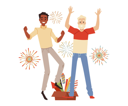 Happy young and old men rejoice at fireworks flat png