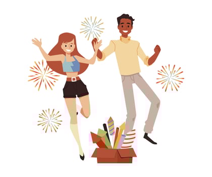 Joyful couple celebrating New Year or Birthday party, flat vector illustration.