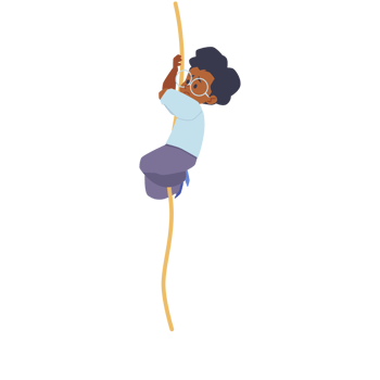 Climbing up the rope kid. Black kid with afro wearing glasses is scared on the climbing rope vector illustration. png