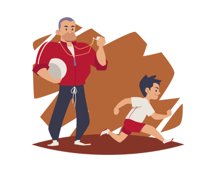 Sports school coach training child in running, flat vector illustration isolated. png