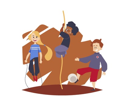 Children exercising at physical education lesson, vector illustration isolated.