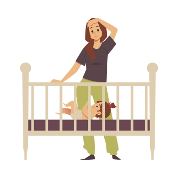 Tired woman in postpartum depression near baby bed, flat illustration. png
