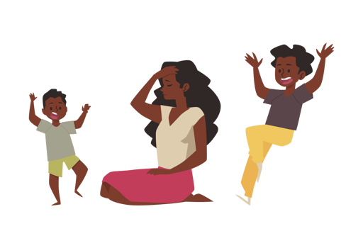 Black Mom is tired and sad because of noisy kids. African American mother exhausted and having headache. png