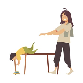 Woman cannot cope with raising a child, flat vector illustration isolated.