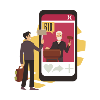 Online auction banner with man placing bids, flat vector illustration isolated. png