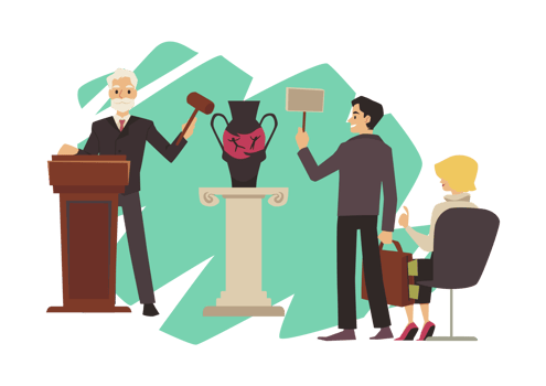 Auction with people suggesting bids for antique vase, flat vector isolated. png