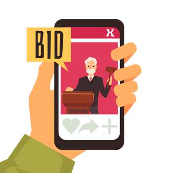 Hand holding smart phone with online auction app on it vector concept. png