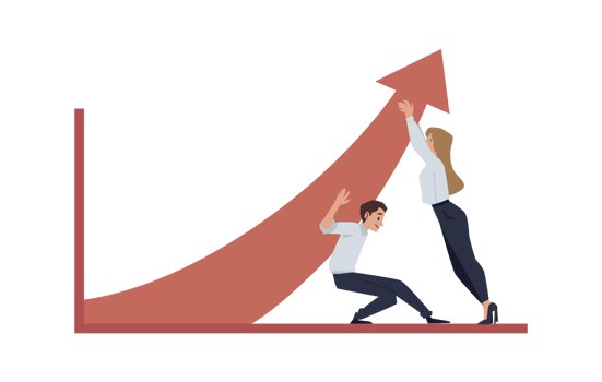 Business people pulling red arrow graph up, isolated on white background vector illustration. png