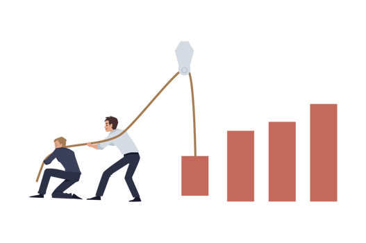 Two businessmen pull up sales chart vector concept. Profit raising concept of two white collars managers. png