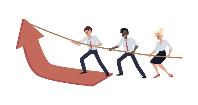 Teamwork pulling up red arrow raising profit cartoon vector concept. png