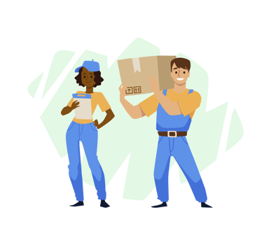 Movers team with cardboard box, black female and strong white man isolated on white background. png