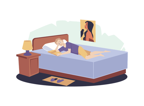 Young man reading a book lying in bed at cozy home cartoon vector illustration png