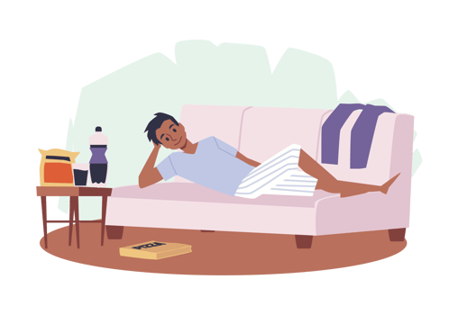 Young male lay on couch eating junk food pizza, chips and soda.Man has his lazy rest time, messy clothes around his home png