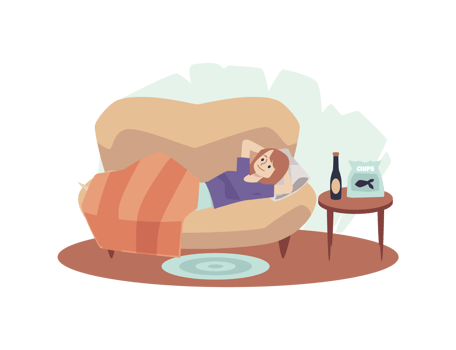 Woman relaxing on couch under blanket with wine and fish chips, flat vector illustration isolated on white background. png