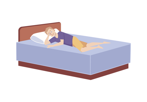 Man resting in bed during his day-off, flat illustration isolated. png