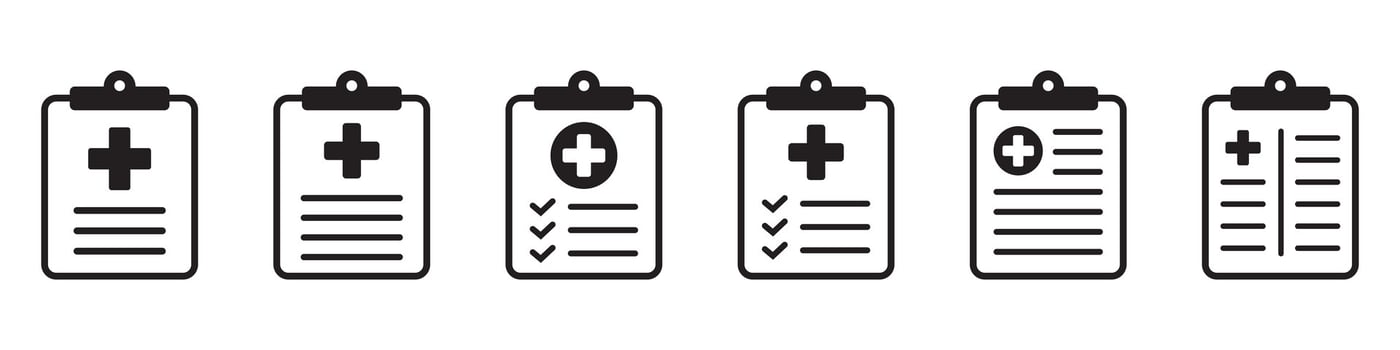Medical history icon, medical report symbol. Health care clipboard icon. Medical card icon. vector