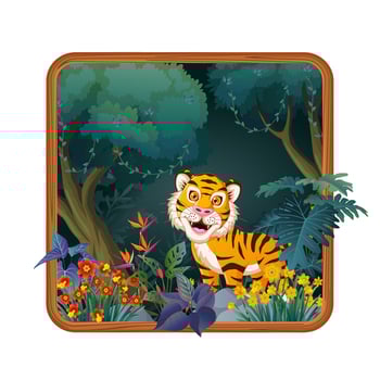 cute tiger cartoon with tropical forest background frame vector