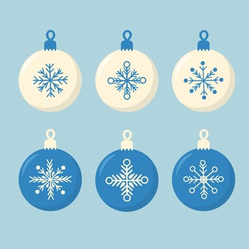 Set of Christmas tree balls in cool colors. Christmas tree decorations with snowflakes. New Year illustration in a flat style vector