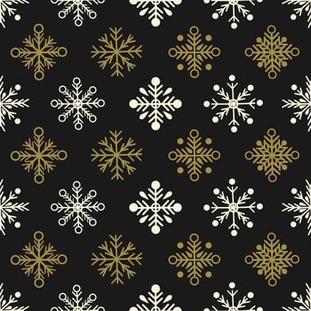 Seamless pattern with gold and white snowflakes on a dark background. New Year illustration in flat style vector