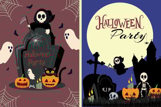 Set of posters and flyers for the Halloween party. Pumpkins, skeletons, cemetery, bats and other Halloween symbols. Vector template illustration.