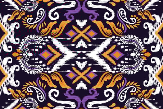 Ikat floral paisley embroidery on black background.Ikat ethnic oriental seamless pattern traditional.Aztec style abstract vector illustration.design for texture,fabric,clothing,wrapping,decoration.