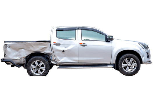 Side view of gray or bronze pickup car get damaged by accident on the road. damaged cars after collision. isolated on transparent background, PNG File format,ar crash destroy