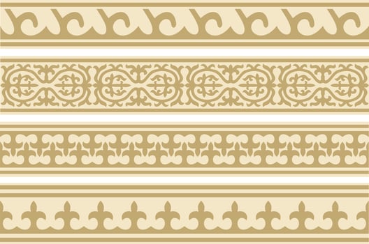 Vector set of golden seamless Kazakh national ornament. Ethnic endless pattern of the peoples of the Great Steppe, Mongols, Kyrgyz, Kalmyks, .Buryats. circle, frame border