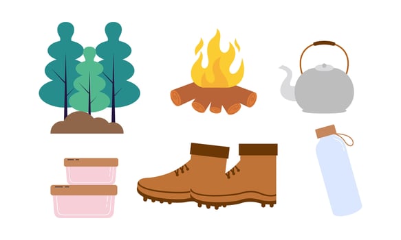 Cartoon camping and hiking equipment  tent and forest nature camp logo vector