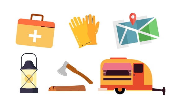 Cartoon camping and hiking equipment  tent and forest nature camp logo vector