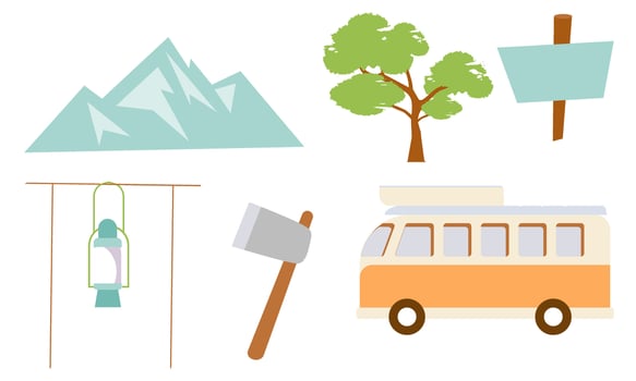 Cartoon camping and hiking equipment  tent and forest nature camp logo vector