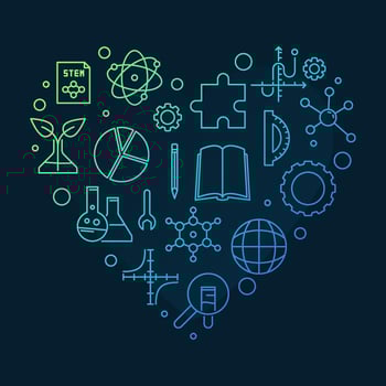 I Love STEM heart shaped colorful outline banner. Science illustration vector