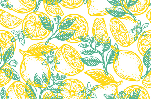 Seamless summer pattern with slices and whole lemons. vector